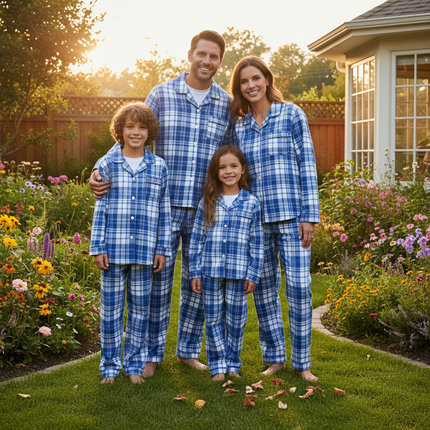 Matching Family Sleepwear Blue White Plaid Christmas Pajamas Set