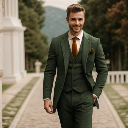 Mens 3 Piece Green Tweed Suits Wedding Suit Tuxedos