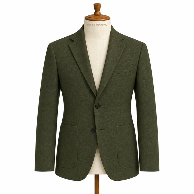 Sweetearing Men's Olive Green Textured Blazer – Two-Button Jacket for Weddings & Smart Casual Wear
