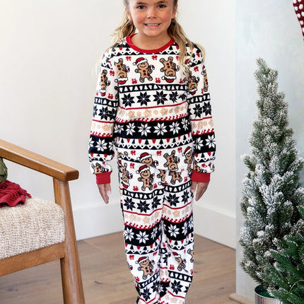 Christmas Matching Family Fleece Pajamas Set Gingerbread and Snowflake Print PJS with Christmas Socks Red