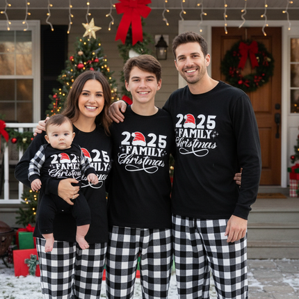 "2025 Family Christmas" Letter Print Black Long Sleeve Top with Black And White Plaid Pants Family Matching Pajamas