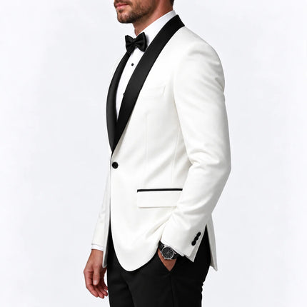 Sweetearing Men's White Tuxedo Blazer with Black Shawl Lapel – Single-Button Jacket for Weddings & Proms