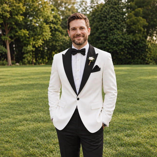 Sweetearing White Suit for Men 2 Piece Suit Tuxedo Black Peaked Collar Wedding Prom Formal Suit