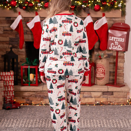 Matching Christmas Family Pajama with Allover Xmas Tree Car Print Long-sleeve Family Matching Pajamas