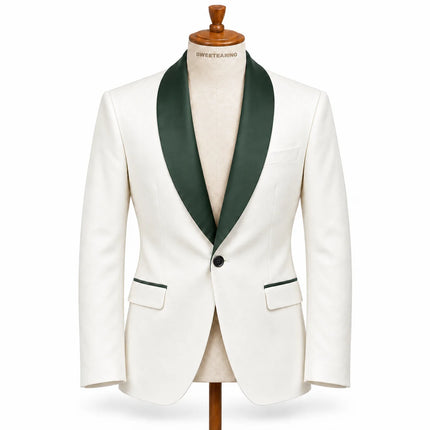 Sweetearing Men's White Tuxedo Blazer with Forest Green Shawl Lapel – Single-Button Jacket for Weddings & Proms