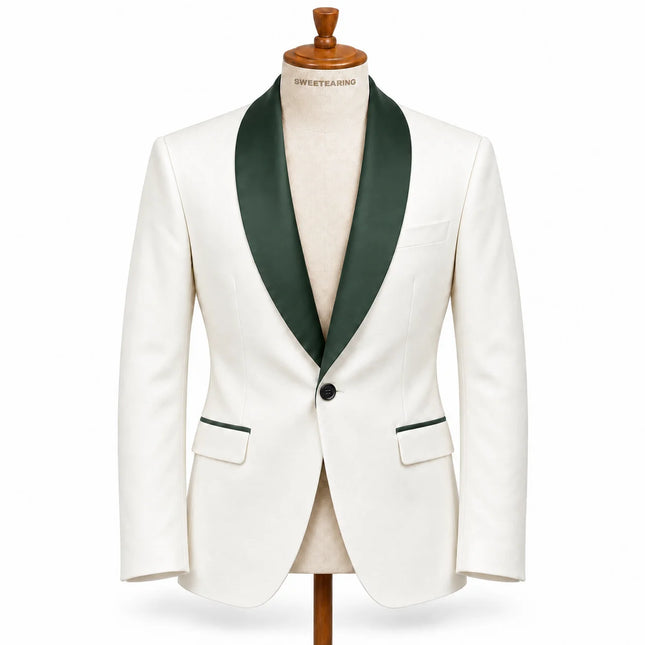 Sweetearing Men's White Tuxedo Blazer with Forest Green Shawl Lapel – Single-Button Jacket for Weddings & Proms