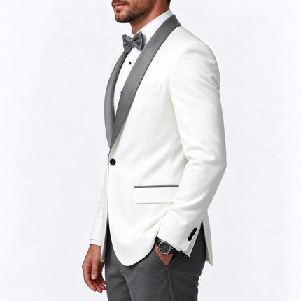 Sweetearing Men's White Tuxedo Blazer with Grey Shawl Lapel – Single-Button Jacket for Weddings & Proms