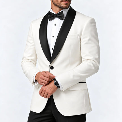 Sweetearing Men's White Tuxedo Blazer with Black Shawl Lapel – Single-Button Jacket for Weddings & Proms