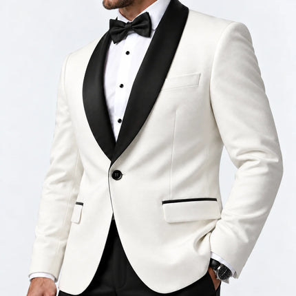 Sweetearing Men's White Tuxedo Blazer with Black Shawl Lapel – Single-Button Jacket for Weddings & Proms