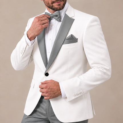 Sweetearing Men’s White Tuxedo Blazer with Silver Grey Notch Lapels for Wedding & Prom