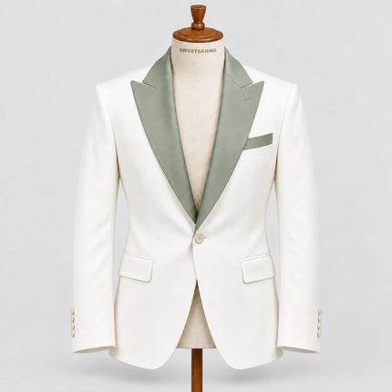 Sweetearing Men's White Tuxedo Jacket with Sage Green Peaked Lapel for Weddings & Prom
