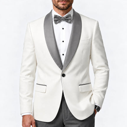 Sweetearing Men's White Tuxedo Blazer with Grey Shawl Lapel – Single-Button Jacket for Weddings & Proms