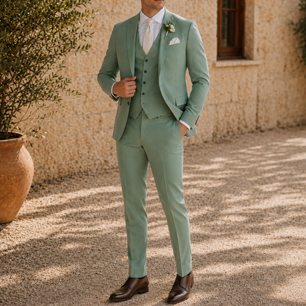 Men’s Sage Green Tuxedo 3 Piece Wedding Suit – Slim Fit Single Breasted Blazer