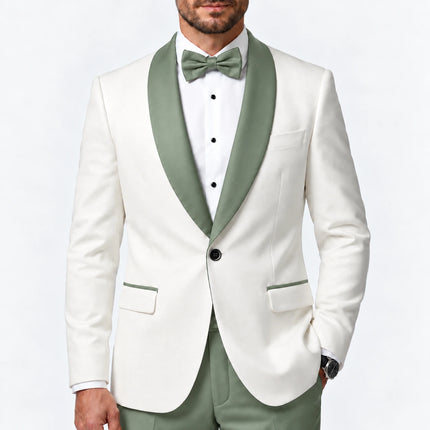 Sweetearing Men's White Tuxedo Blazer with Sage Green Shawl Lapel – Single-Button Jacket for Weddings & Proms