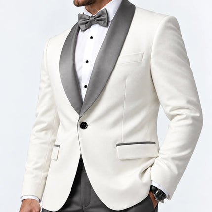 Sweetearing Men's White Tuxedo Blazer with Grey Shawl Lapel – Single-Button Jacket for Weddings & Proms