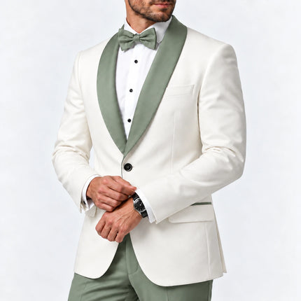 Sweetearing Men's White Tuxedo Blazer with Sage Green Shawl Lapel – Single-Button Jacket for Weddings & Proms