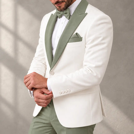 Sweetearing Men's White Tuxedo Jacket with Sage Green Peaked Lapel for Weddings & Prom