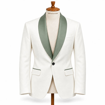 Sweetearing Men's White Tuxedo Blazer with Sage Green Shawl Lapel – Single-Button Jacket for Weddings & Proms