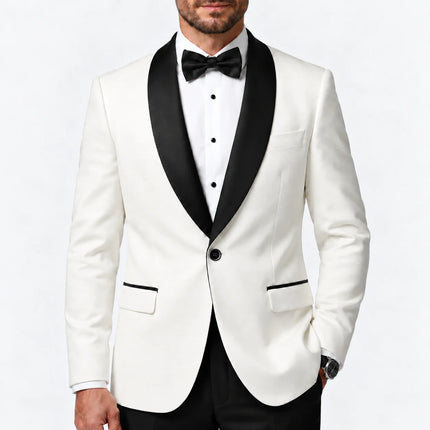 Sweetearing Men's White Tuxedo Blazer with Black Shawl Lapel – Single-Button Jacket for Weddings & Proms