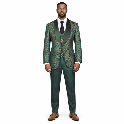 3-Piece Suit Men's Vintage Gold Damask Jacquard Suit for Prom Party Wedding