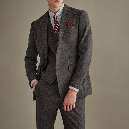 3 Pieces Herringbone Tweed Suit - Fashion 3-Piece Mens Suit with Herringbone Notch Lapel for Wedding