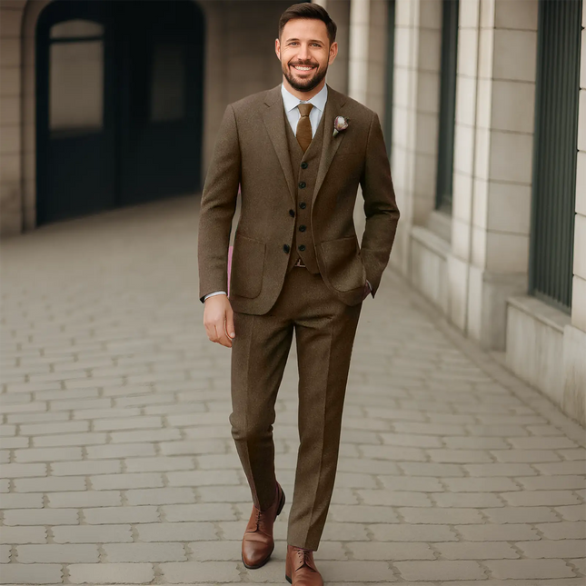 Mens 3 Piece Brown Tweed Suits Wedding Vintage Classic Suit Tuxedos