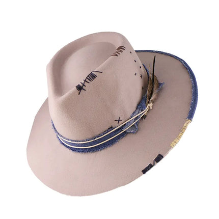 City Slicker Fedora in Beige with Feather Blue Patchwork And Band