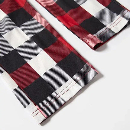 Red and Gray Plaid Christmas Pajamas Set with Snowman & Christmas Tree Print