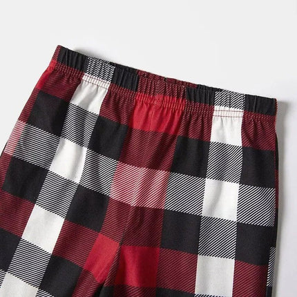 Red and Gray Plaid Christmas Pajamas Set with Snowman & Christmas Tree Print