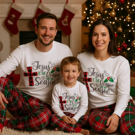 Christmas "Jesus is the Reason of the Season" Letter Print Patterned White Long Sleeve with White&Red&Green Plaid Pants Family Matching Pajamas