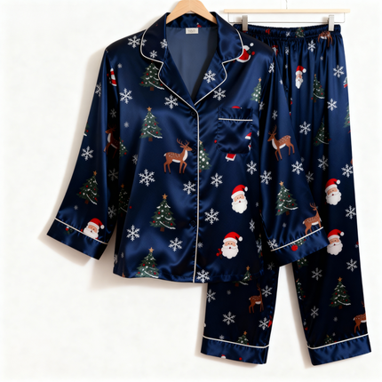 Holiday Family Button-Up Navy Blue Satin Christmas Pajamas Set