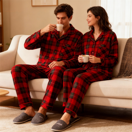 Matching Christmas Family Pajamas Red and White Plaid Up Long-sleeve Pajamas Sets