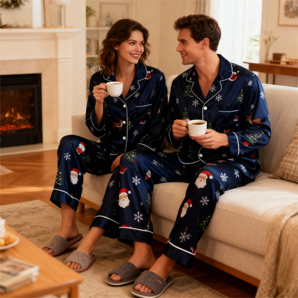 Holiday Family Button-Up Navy Blue Satin Christmas Pajamas Set