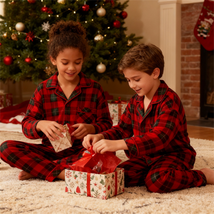 Matching Christmas Family Pajamas Red and White Plaid Up Long-sleeve Pajamas Sets