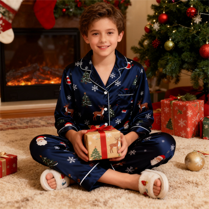 Holiday Family Button-Up Navy Blue Satin Christmas Pajamas Set