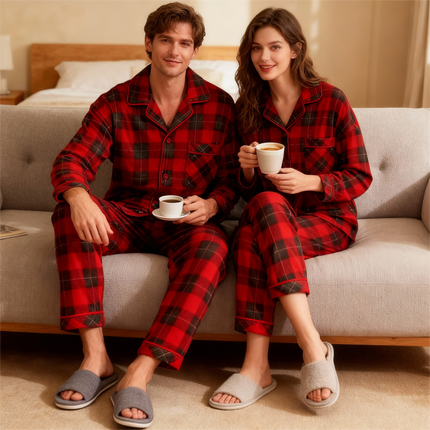 Matching Christmas Family Pajamas Red and White Plaid Up Long-sleeve Pajamas Sets