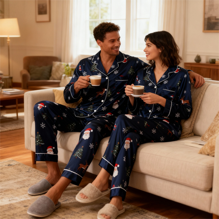 Holiday Family Button-Up Navy Blue Satin Christmas Pajamas Set