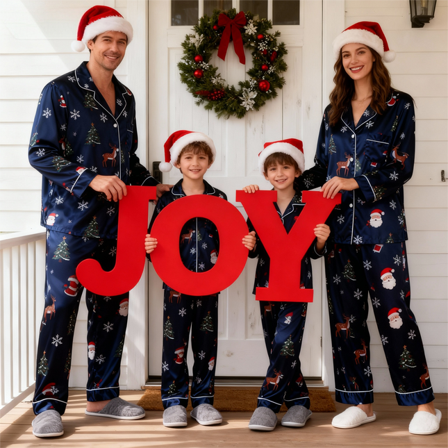 Holiday Family Button-Up Navy Blue Satin Christmas Pajamas Set