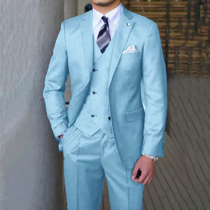 Sweetearing 3 Piece Mens Suit Slim Fit Solid Peak Lapel Suit