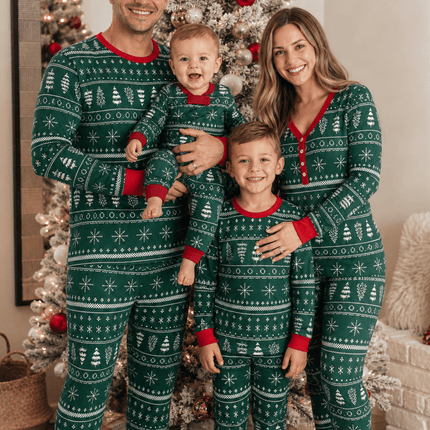 Green Tree and Snowflake Matching Family Christmas Pajamas-Dog clothes Included