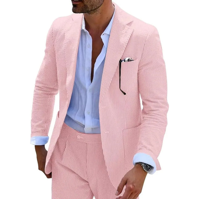 Men's Summer Pink White Striped Seersucker 2 Piece Suits