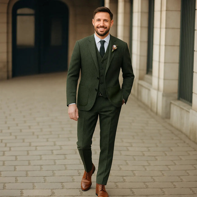 Mens 3 Piece Green Tweed Suits Wedding Suit Tuxedos
