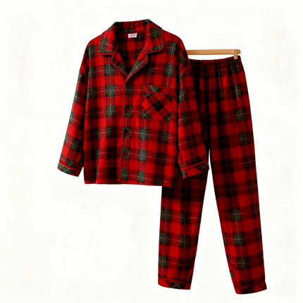 Matching Christmas Family Pajamas Red and White Plaid Up Long-sleeve Pajamas Sets