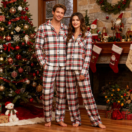 Christmas Pajamas Set Holiday Couple Red Plaid Button-Front Pajamas