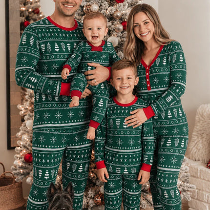 Green Tree and Snowflake Matching Family Christmas Pajamas-Dog clothes Included