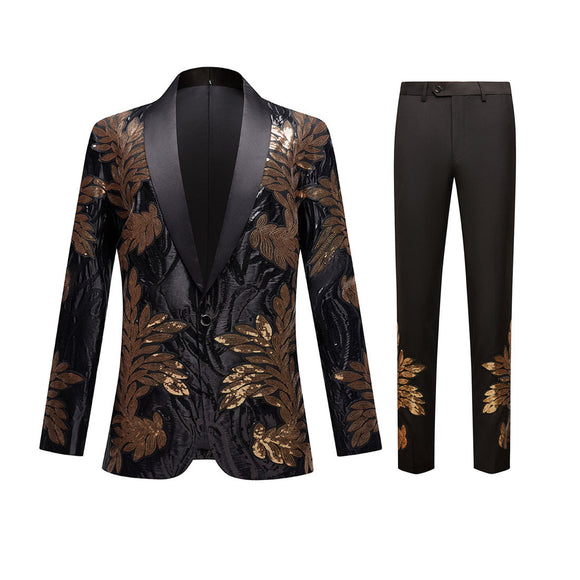 Men's 2-Piece Slim Fit Sequin Golden Leaves Embroidery Tuxedo 2 Pieces Suit sweetearing GoldBlack3XL Tuxedos, Formalwear, Wedding suits, Business suits, Slim-fit suits, Classic suits, Black-tie attire, Dinner jackets, Prom suits