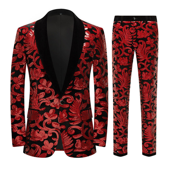Men's 2-piece Fashion Floral Tuxedo Velvet Sequin Jacket Red 2 Pieces Suit sweetearing Red3XL Tuxedos, Formalwear, Wedding suits, Business suits, Slim-fit suits, Classic suits, Black-tie attire, Dinner jackets, Prom suits