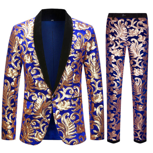 Men's 2-Piece Sequin Floral Embroidery Shawl Collar Tuxedo 5 Color 2 Pieces Suit sweetearing GoldBule3XL Tuxedos, Formalwear, Wedding suits, Business suits, Slim-fit suits, Classic suits, Black-tie attire, Dinner jackets, Prom suits