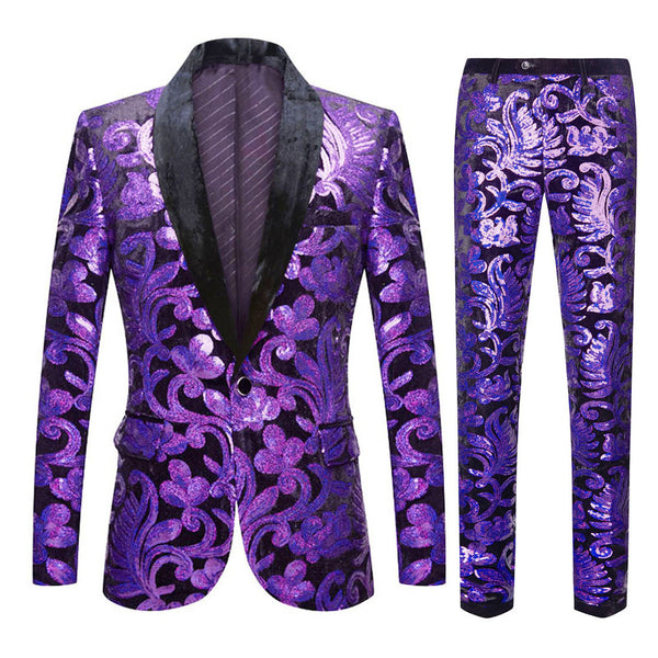 Men's 2-Piece Sequin Floral Embroidery Shawl Collar Tuxedo 5 Color 2 Pieces Suit sweetearing Purple3XL Tuxedos, Formalwear, Wedding suits, Business suits, Slim-fit suits, Classic suits, Black-tie attire, Dinner jackets, Prom suits