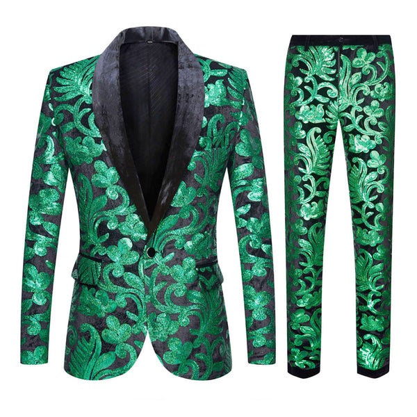Men's 2-Piece Sequin Floral Embroidery Shawl Collar Tuxedo 5 Color 2 Pieces Suit sweetearing Green3XL Tuxedos, Formalwear, Wedding suits, Business suits, Slim-fit suits, Classic suits, Black-tie attire, Dinner jackets, Prom suits